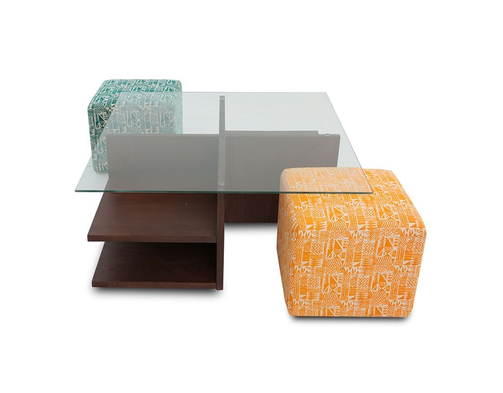 Bernard Center Table (Glass Top) with two Poufs